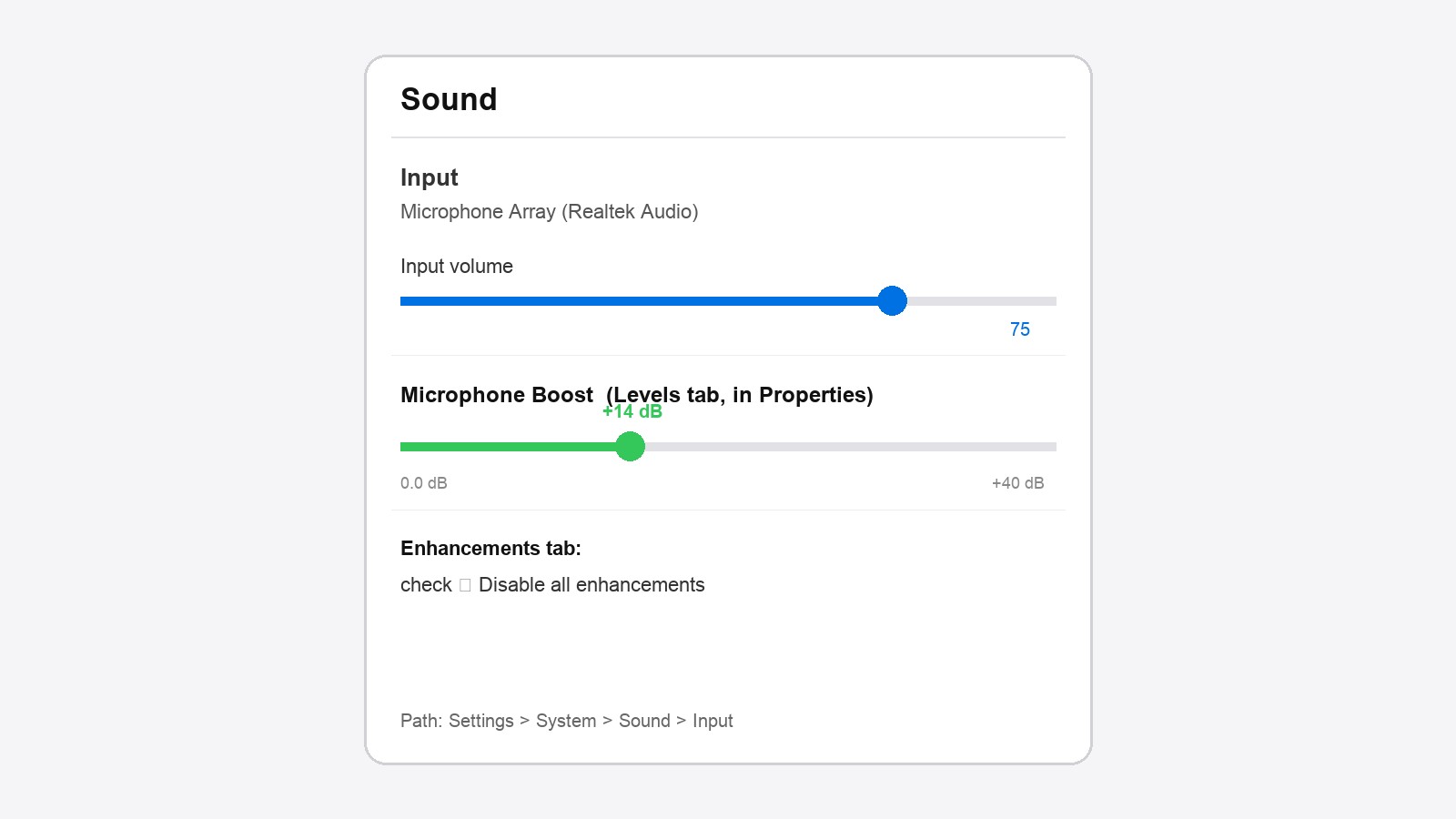 Windows Sound settings showing Input volume slider and Microphone Boost slider under Levels tab